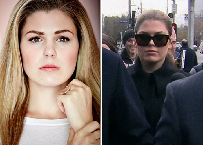 Portrait of a young woman on left and same influencer wearing sunglasses outdoors, illustrating influencers careers tanked.