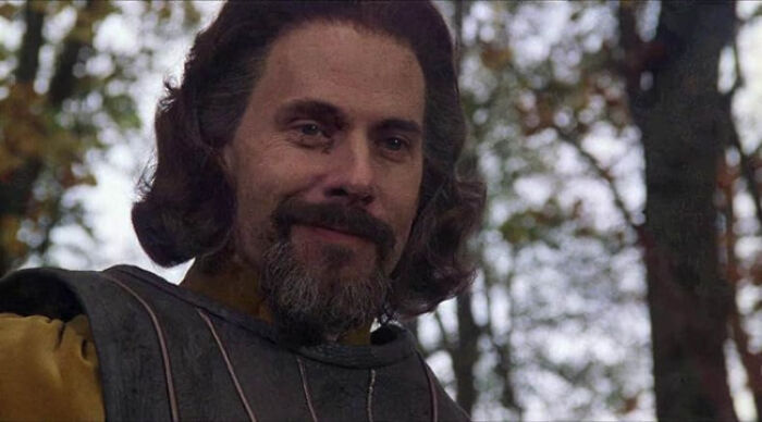 Close-up of a man in medieval armor smiling subtly outdoors surrounded by trees, illustrating beloved movie tropes.