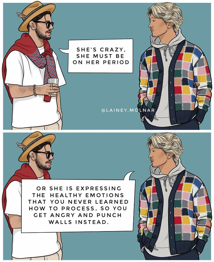 Two men in colorful outfits discussing emotions in a Lainey Molnar illustration challenging societal expectations.