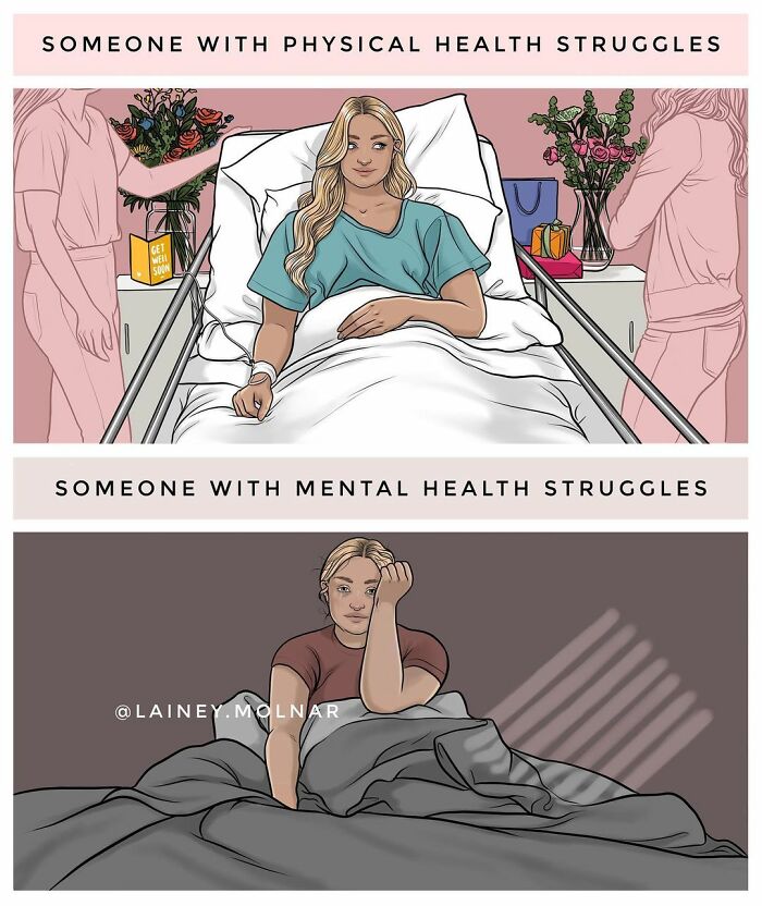 Illustration by Lainey Molnar showing women facing physical and mental health struggles in detailed bedroom and hospital settings.