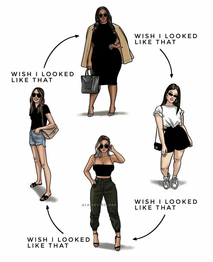 Illustration by Lainey Molnar showing diverse women wishing to look like each other, challenging societal expectations.