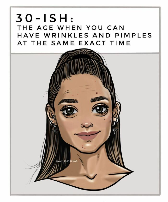 Illustration by Lainey Molnar of a woman in her thirties with wrinkles and pimples, celebrating real beauty.