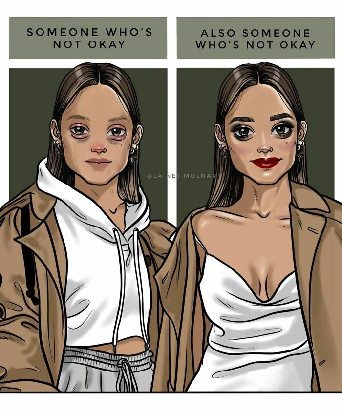 Illustration by Lainey Molnar showing two women, both not okay, challenging societal expectations of appearance.