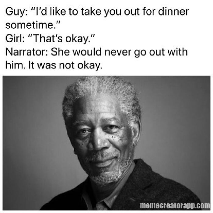 Black and white funny dating meme showing a man and text about a failed dinner invitation and love life humor.