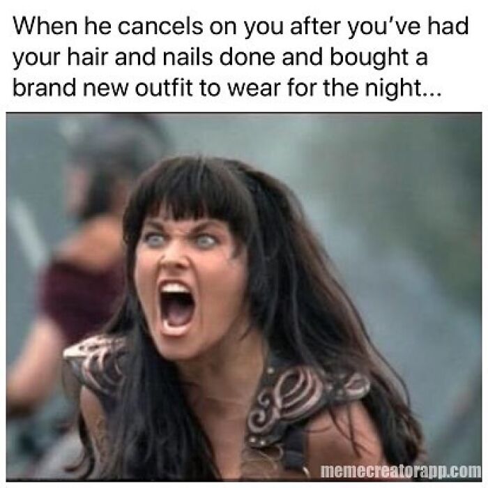 Angry woman yelling in warrior costume, expressing frustration about dating and canceled plans after getting ready.