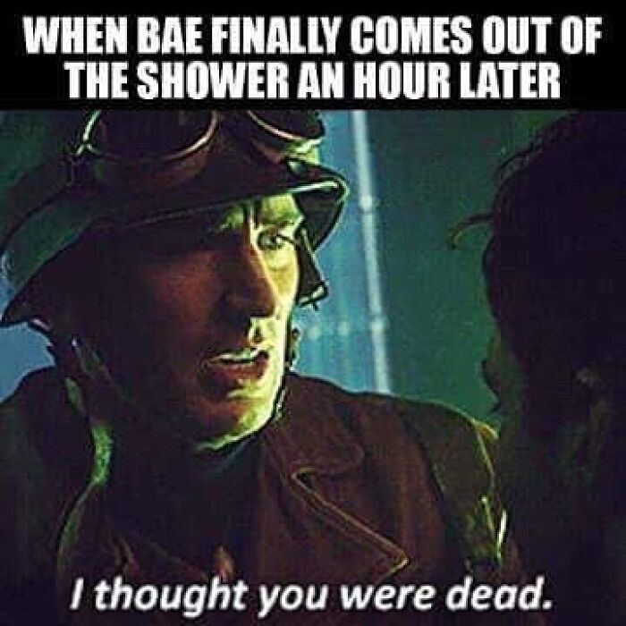 Man in military uniform looking shocked with text about waiting for partner after shower, illustrating funny dating memes.