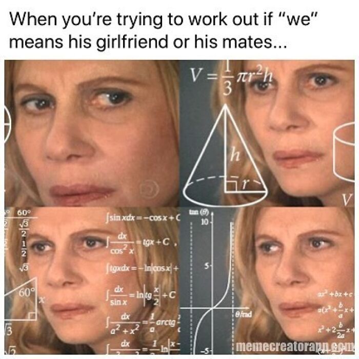 Woman confused trying to understand relationship clues surrounded by math formulas in a funny dating memes context.