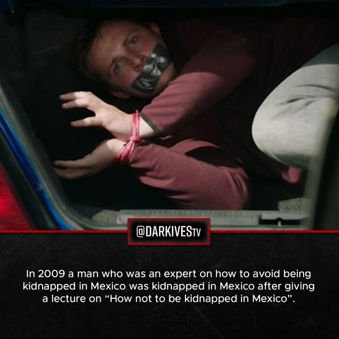 Man with taped mouth and tied hands lying in a dark confined space illustrating terrifying facts and dark stories.