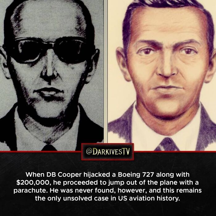 Sketches of DB Cooper, the infamous aviation hijacker who disappeared after parachuting from a Boeing 727 with ransom money.
