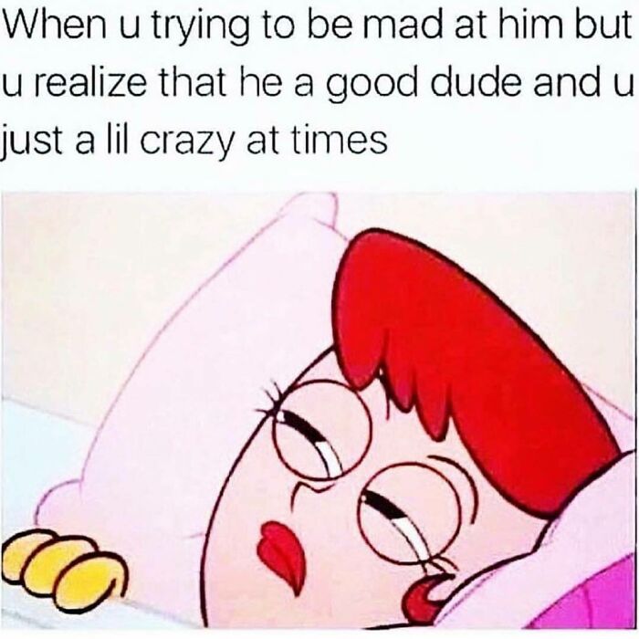 Cartoon woman lying in bed with tired eyes, illustrating a funny dating meme about love life and relationships.