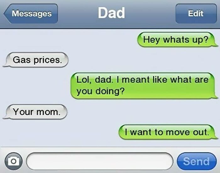 Screenshot of a humorous text conversation between dad and child featuring funny messages in a chat app.
