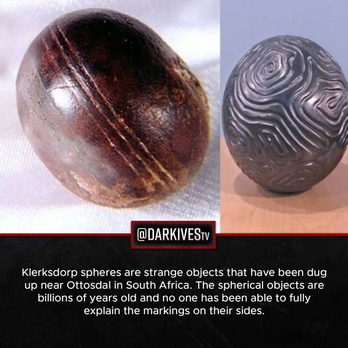 Two ancient Klerksdorp spheres from South Africa with mysterious markings, symbols of strange and dark world facts.