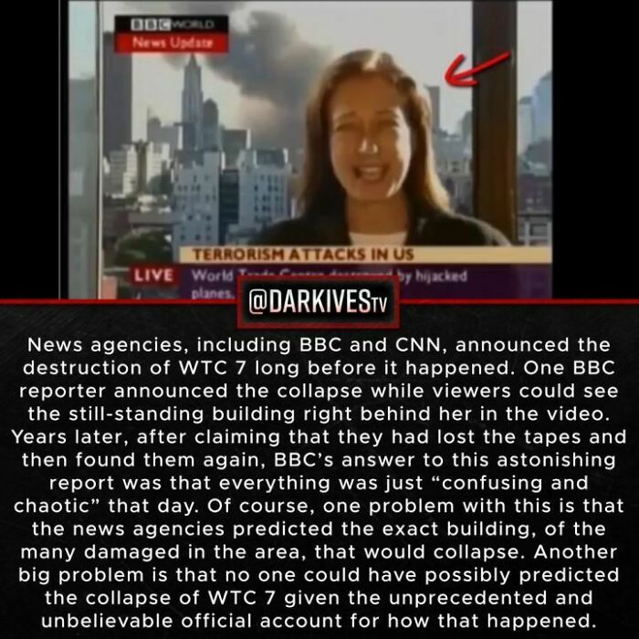 BBC reporter covering t*******m attacks in US with WTC 7 collapse controversy, highlighting strange and dark world facts.
