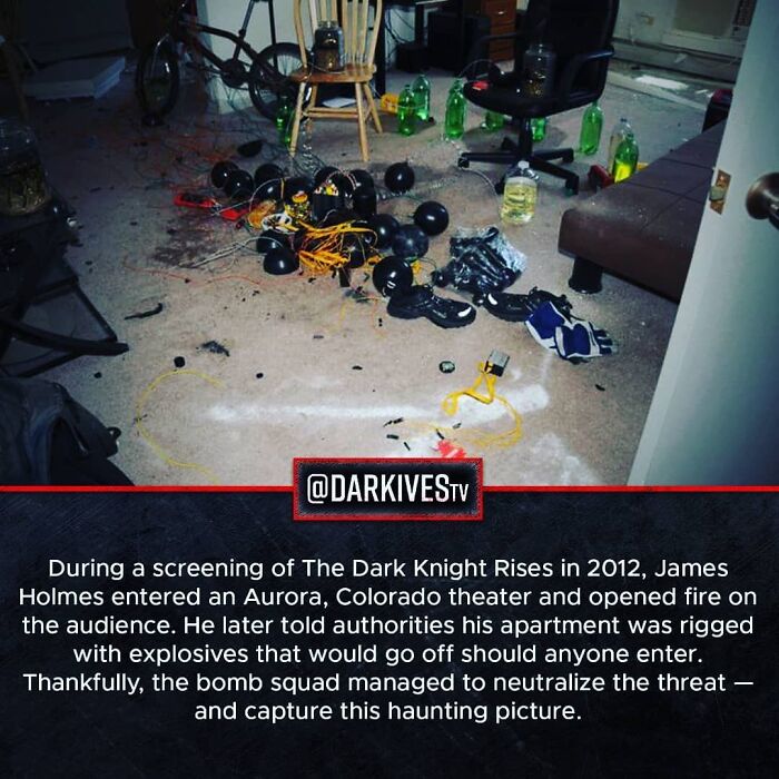 Scene showing a b**b squad’s neutralized explosive device with wires and black balloons, highlighting strange and dark world facts.