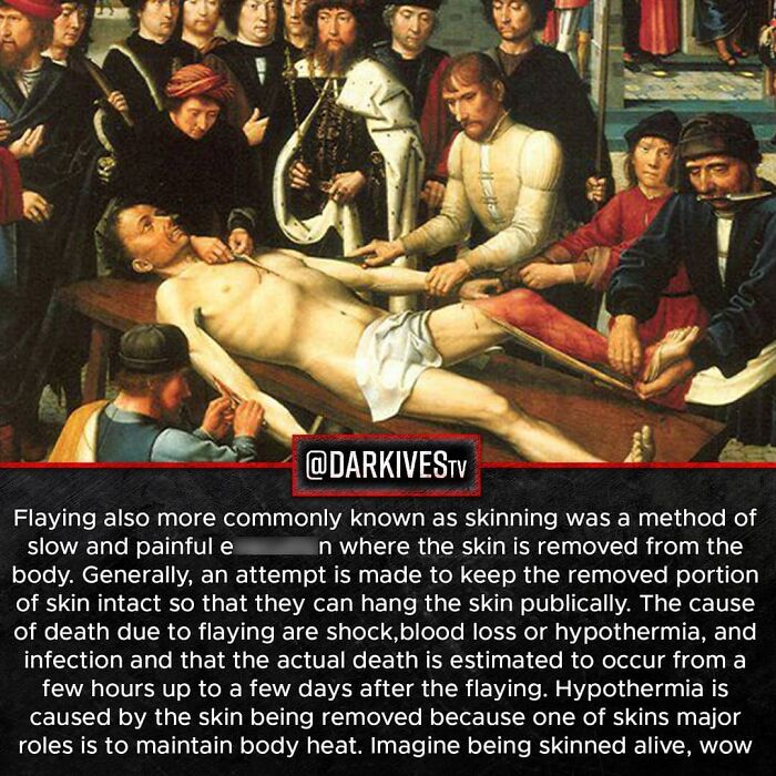 Medieval flaying t*****e scene showing dark and terrifying facts of brutal skinning methods from history.