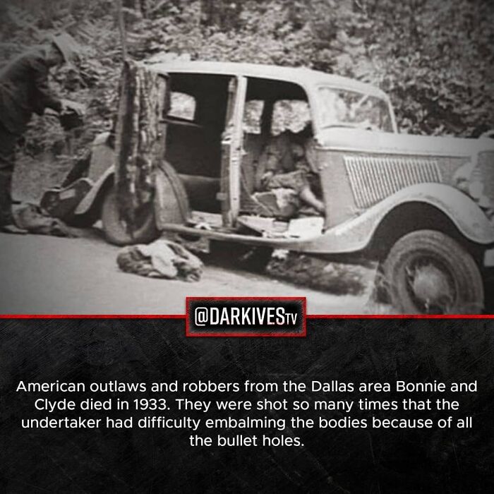 Black and white photo of Bonnie and Clyde's car with haunting scene reflecting dark and terrifying facts from our strange world.
