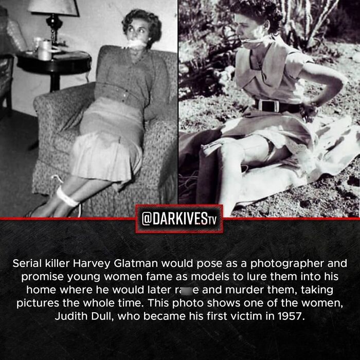 Black and white images of a victim tied up showing terrifying facts about dark crimes and strange world stories.