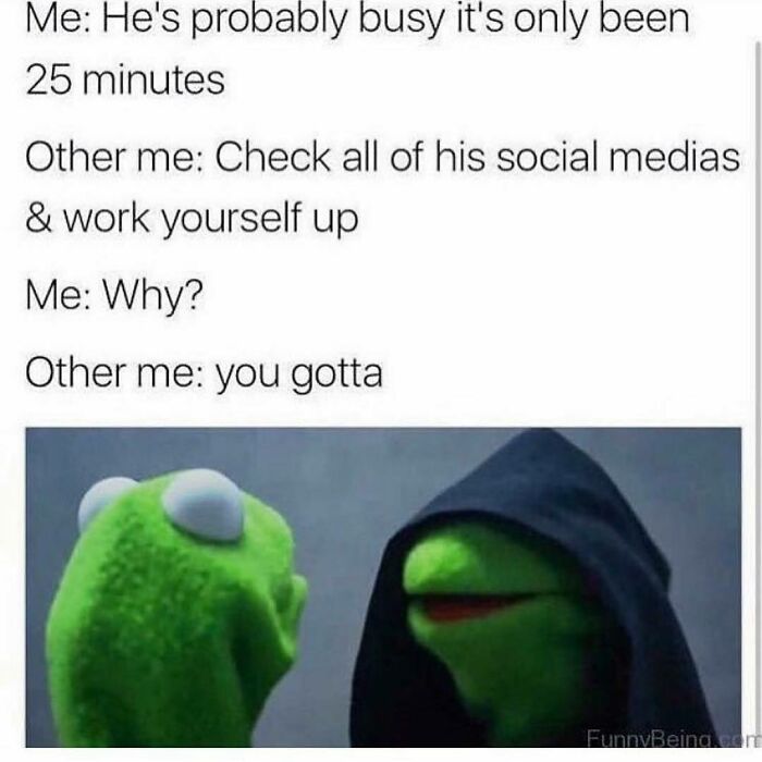 Conversation meme featuring Kermit the Frog debating checking social media, illustrating funny dating memes about love life struggles.