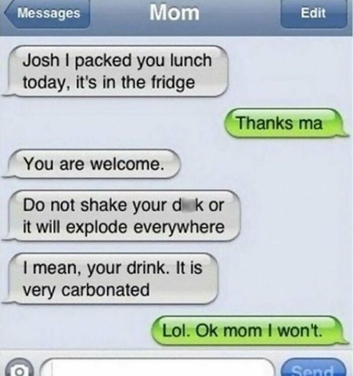 Funny text message conversation between a mom and son with a humorous typo about a carbonated drink warning.