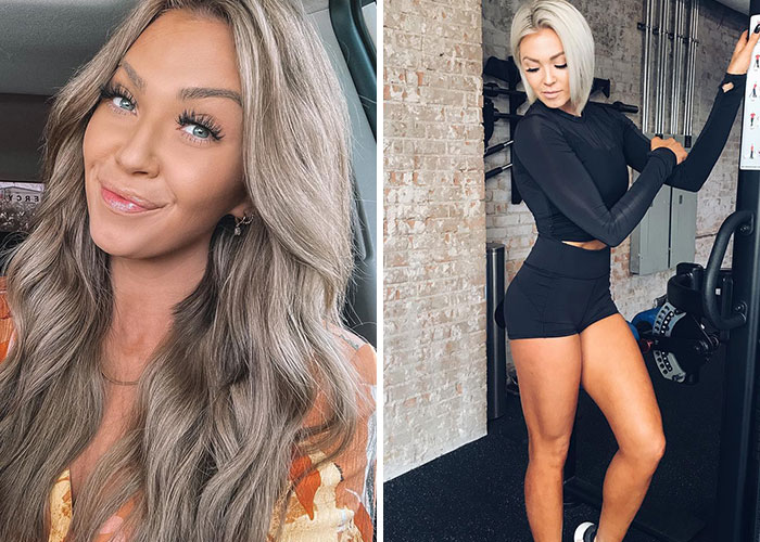 Young influencer posing with long blonde hair on the left and working out in black fitness wear on the right, career struggles implied