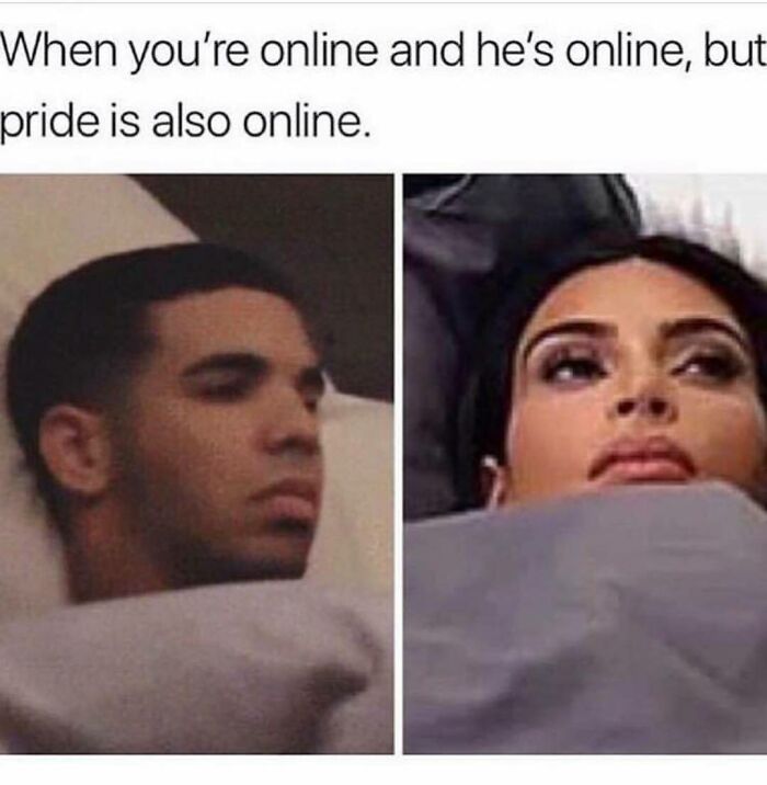 Couple lying awake in bed with worried expressions, illustrating funny dating memes about online pride and love life.
