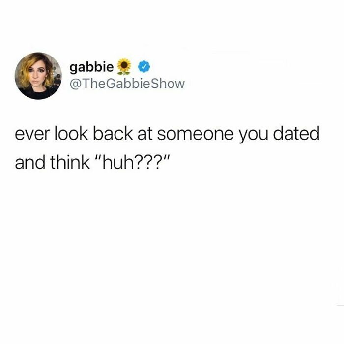 Tweet about dating reflecting on past relationships with a humorous and unhinged meme style for those seeking love and solitude.