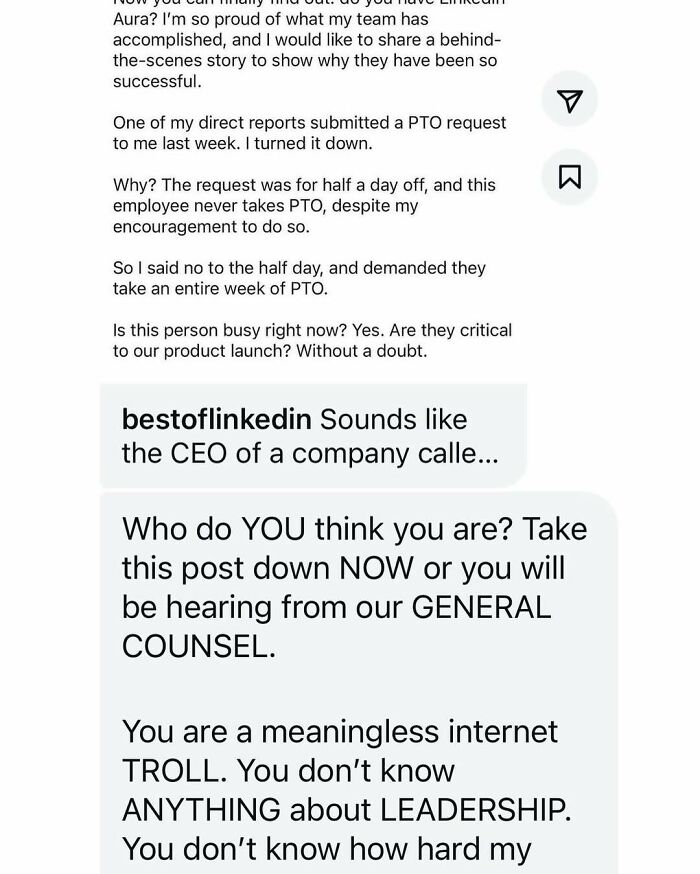 Text messages showing a heated argument about leadership and PTO, reflecting hustle culture and work-life disconnect.