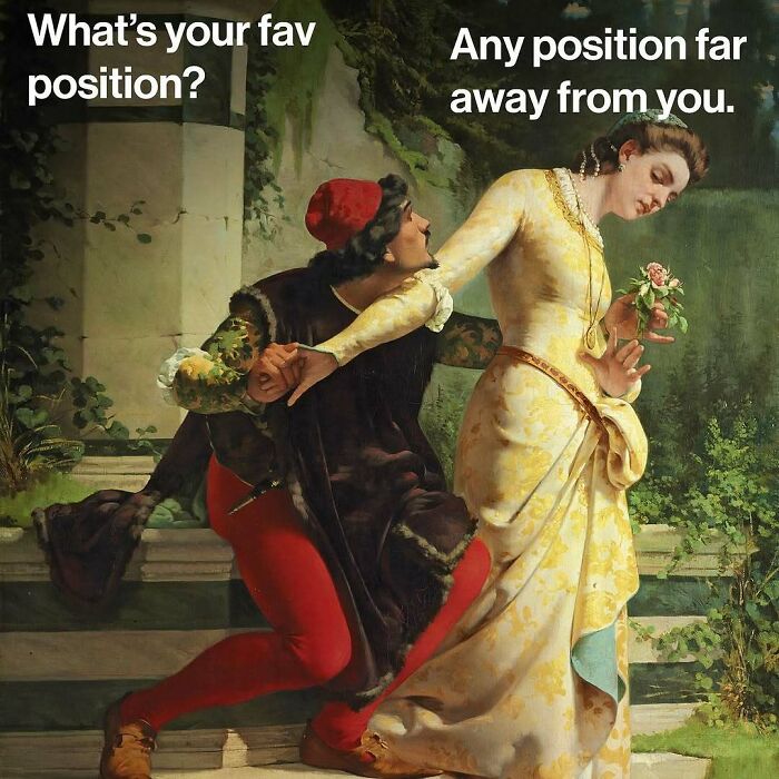 Classical art meme showing a man asking a woman her favorite position with a humorous modern reply.