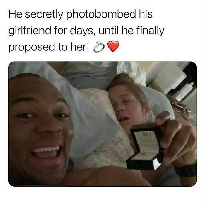 Couple in bed with man holding an open engagement ring box, a funny and relatable post about navigating the world as just a girl.