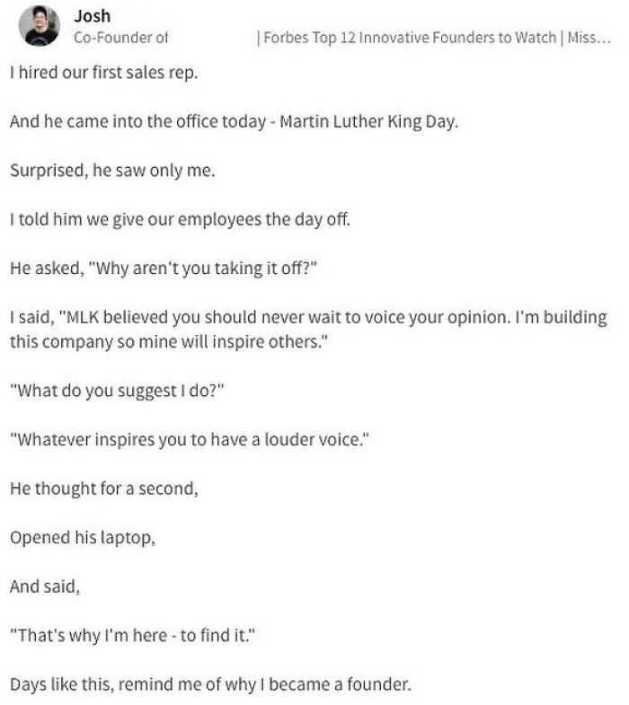 Screenshot of a conversation highlighting hustle culture and dedication to building a company despite holidays and real life.