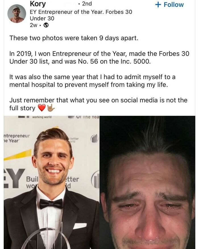 Side-by-side photos showing a man’s transformation depicting the emotional toll of hustle culture pressure.