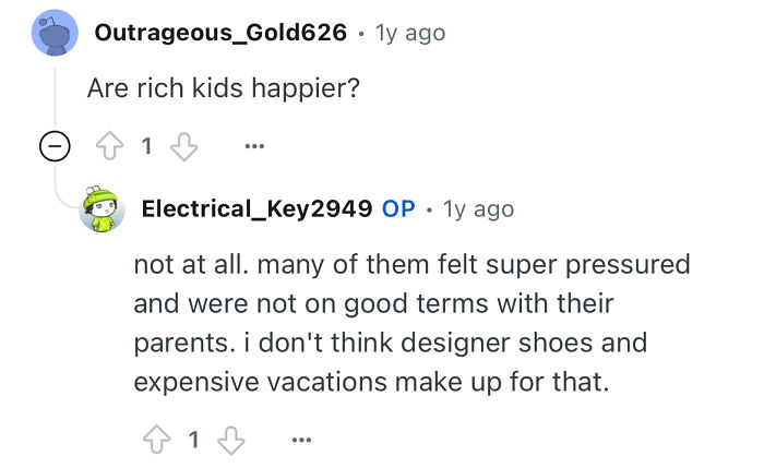 Screenshot of an online discussion where a person who studied in a prestigious private school answers questions about rich kids.