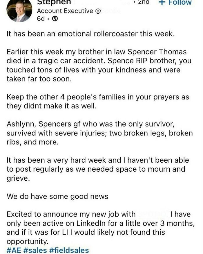LinkedIn post revealing personal loss amid hustle culture, highlighting the emotional toll of intense work focus and life balance.