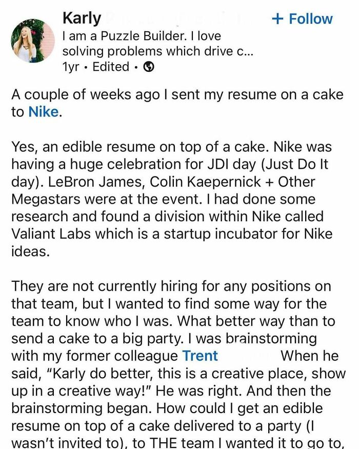 LinkedIn post of a creative edible resume on a cake showing hustle culture dedication to stand out.