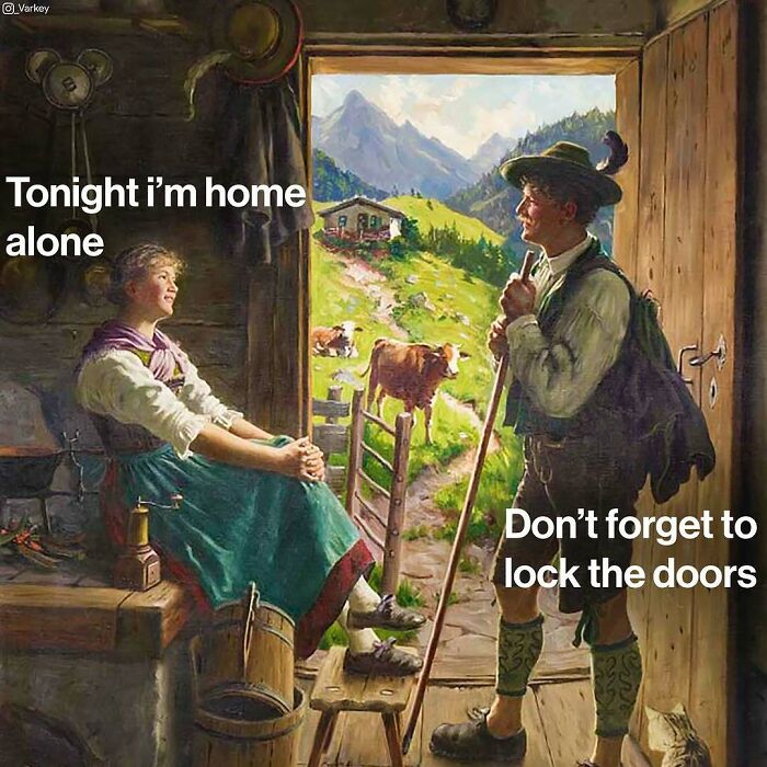 Classical art meme showing a rustic scene with farm life humor blending contemporary text and classical art style.