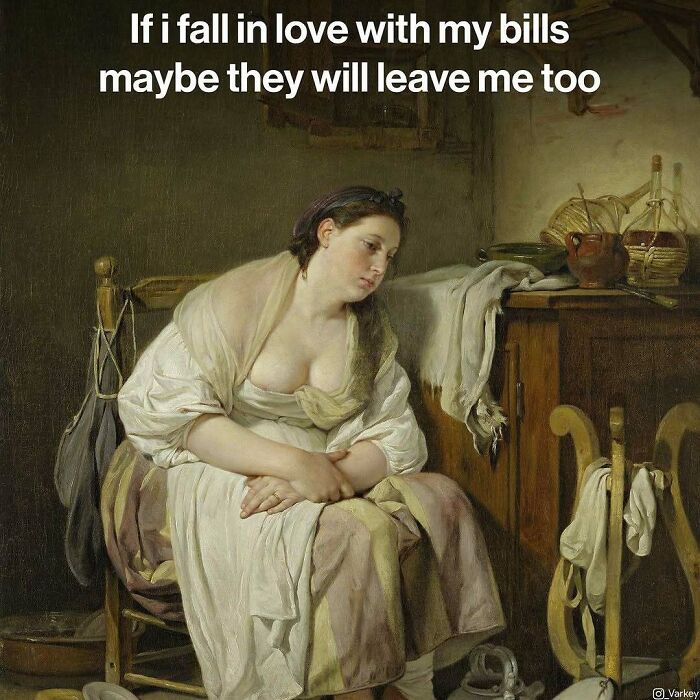 Classical art meme showing a woman seated looking sad with humorous text about falling in love with bills.