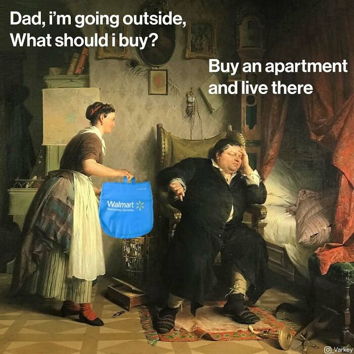 Classical art meme showing a woman holding a Walmart bag while a man sits tired, blending contemporary life with classical art.