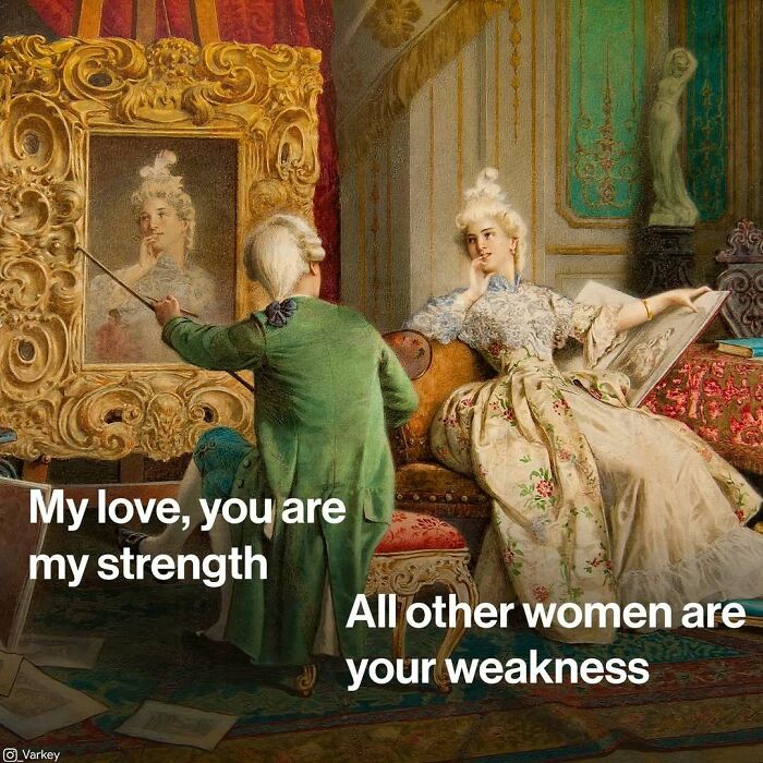 Classical art meme showing a noble couple with humorous text blending contemporary life with classical art.