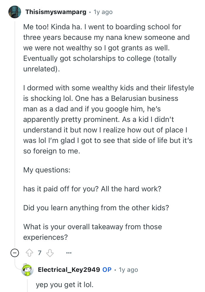 Screenshot of a social media post discussing experiences of a person studied in a prestigious private school and their reflections.