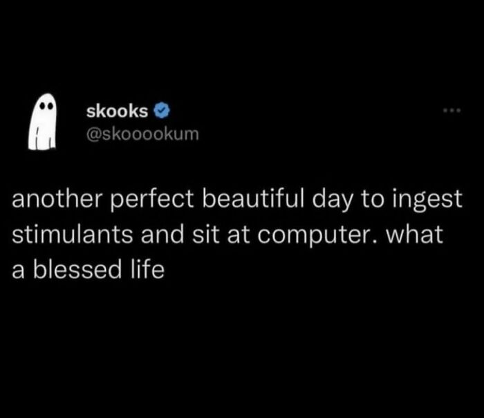 Tweet meme about millennial struggles at work mentioning ingesting stimulants and sitting at a computer on a black background.