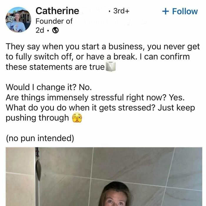 Social media post showing a stressed entrepreneur discussing hustle culture and the challenges of running a business.