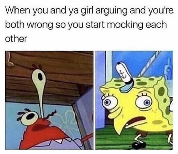 Funny dating meme showing cartoon characters mocking each other during an argument, capturing relatable love life humor.