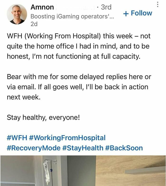LinkedIn post showing a professional discussing working from hospital and health recovery amid hustle culture pressures.