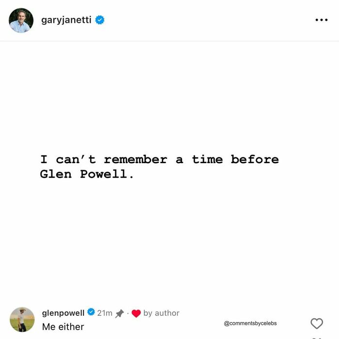 Instagram comment exchange featuring celebs Glen Powell and Gary Janetti sharing unexpected gems in the comments section.