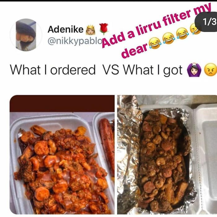 Comparison of ordered spicy shrimp dish vs received greasy shrimp meal in a food order fail example.