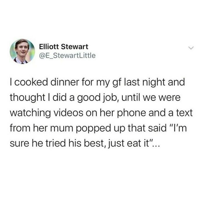 Tweet about cooking dinner for a girlfriend with a funny text from her mom, highlighting relatable humor to laugh away fatigue.