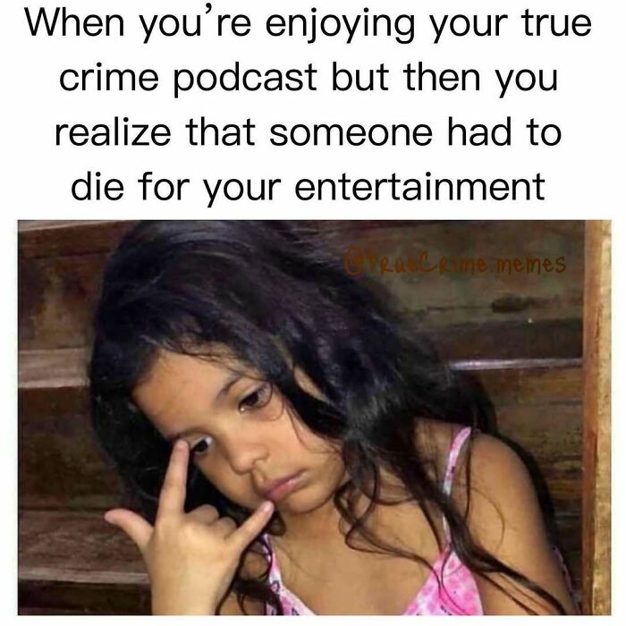 Young girl looking sad while reflecting on true crime podcast binge, capturing the dark side of true crime self-care humor.
