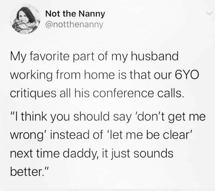 Parenting meme showing a humorous tweet about a 6-year-old critiquing work-from-home conference calls.