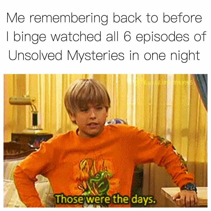 Young boy in orange shirt reminiscing about binge watching true crime episodes with a nostalgic expression.