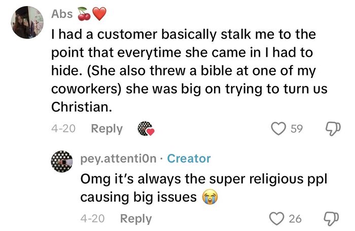 Customer encounter describing a stalking incident and unsettling behavior involving religious pressure in a retail setting.